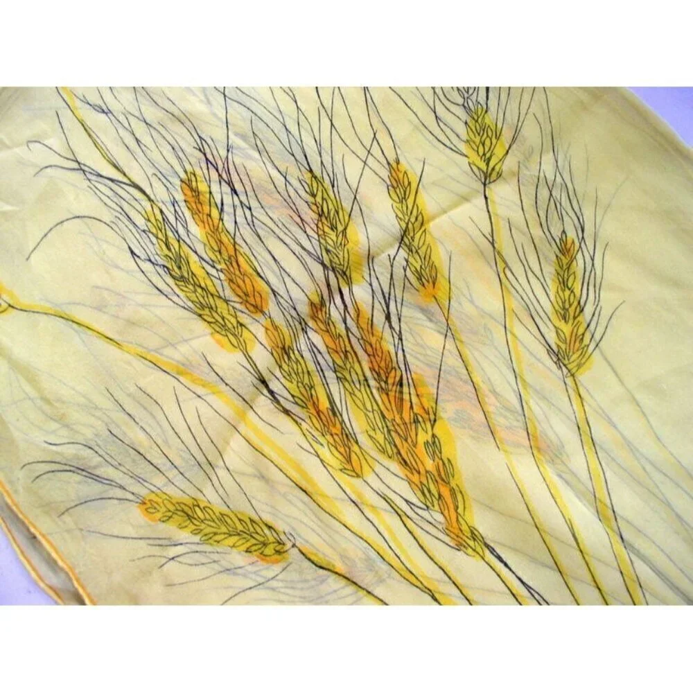 Vintage 1960's Vera Silk Chiffon Scarf Fields of Gold Yellow Signed Hand Rolled